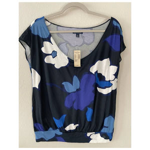 American Eagle Black Blue Floral Blouse Size L